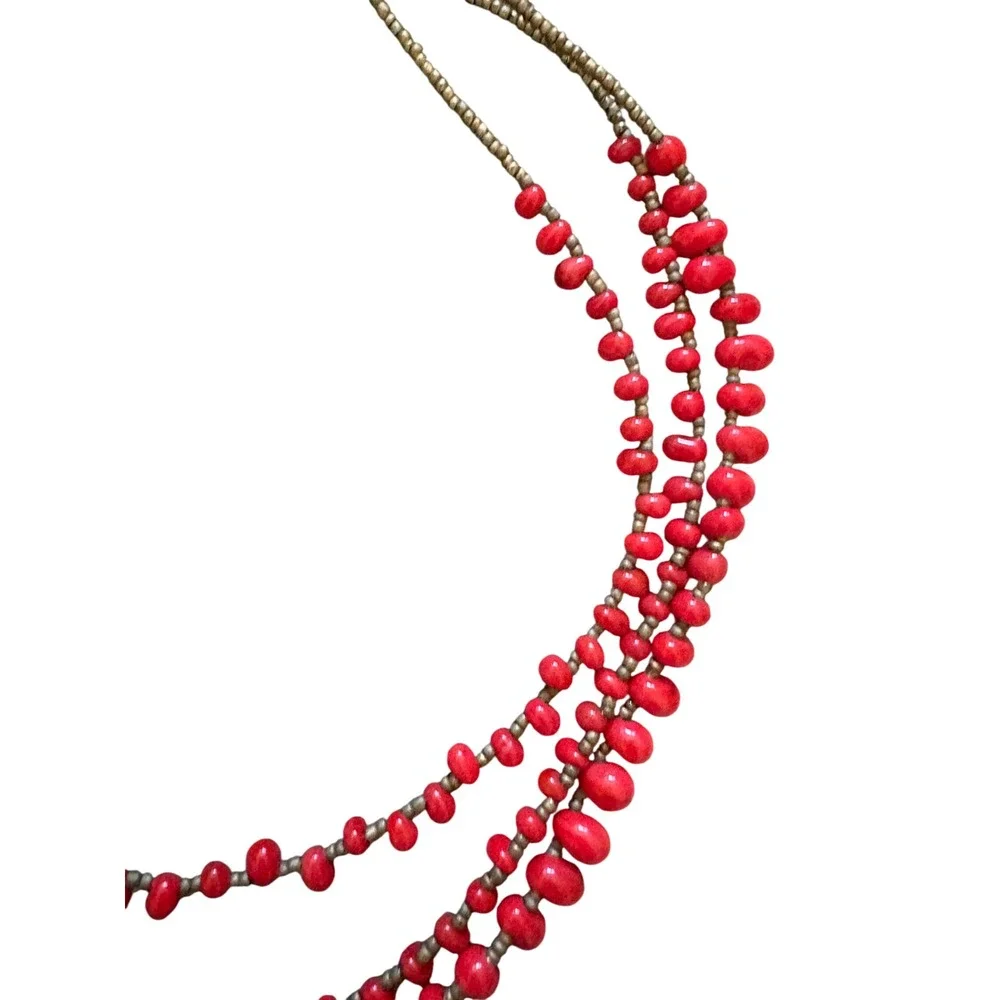 Red Beaded Multi Strand Tiered Necklace and Stretch Bracelet Jewelry Set Boho